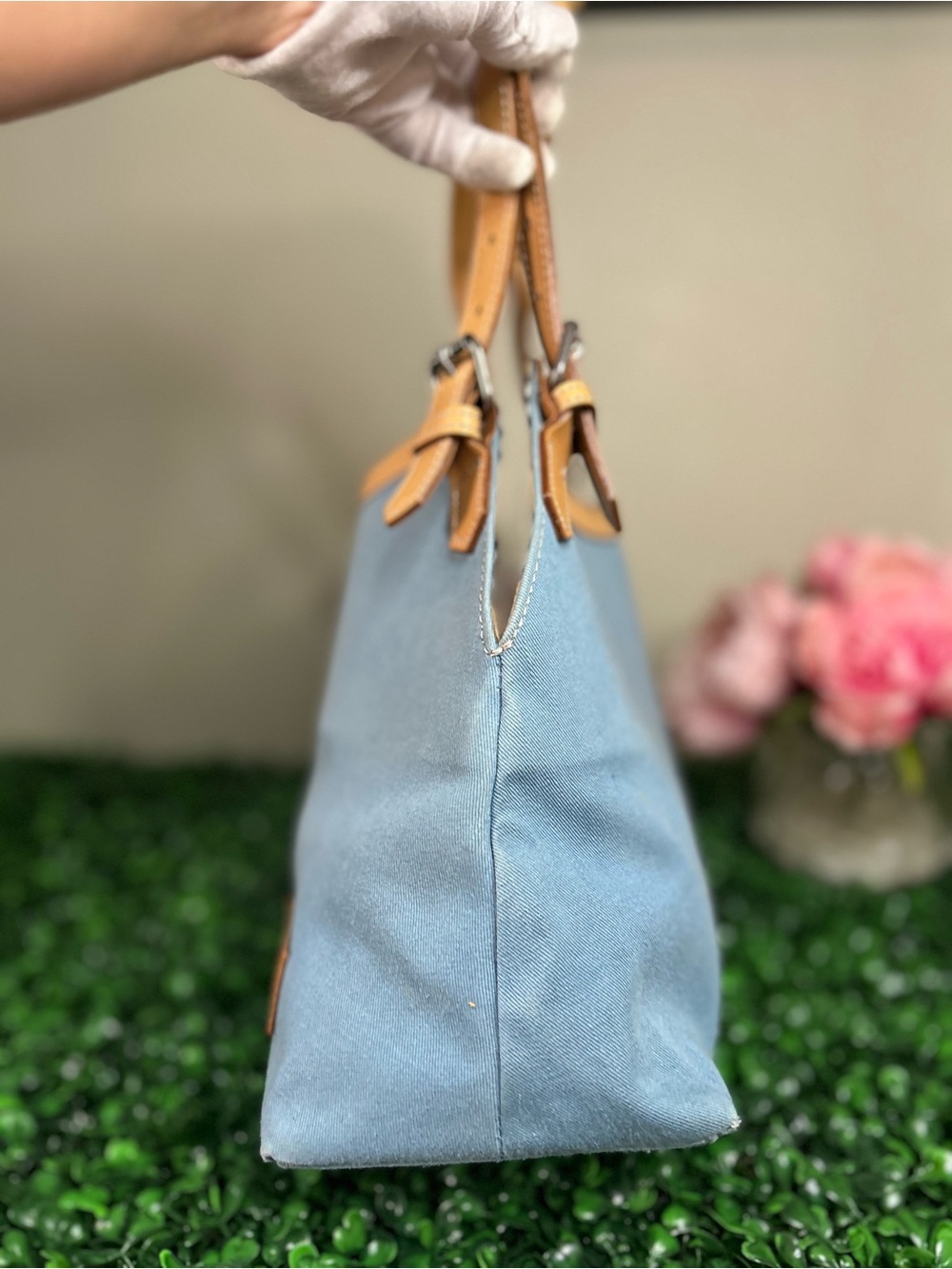 Burberry Blue Label Sky Blue Canvas Shoulder Tote Bag Nova Check Lining - Picture 6 of 13